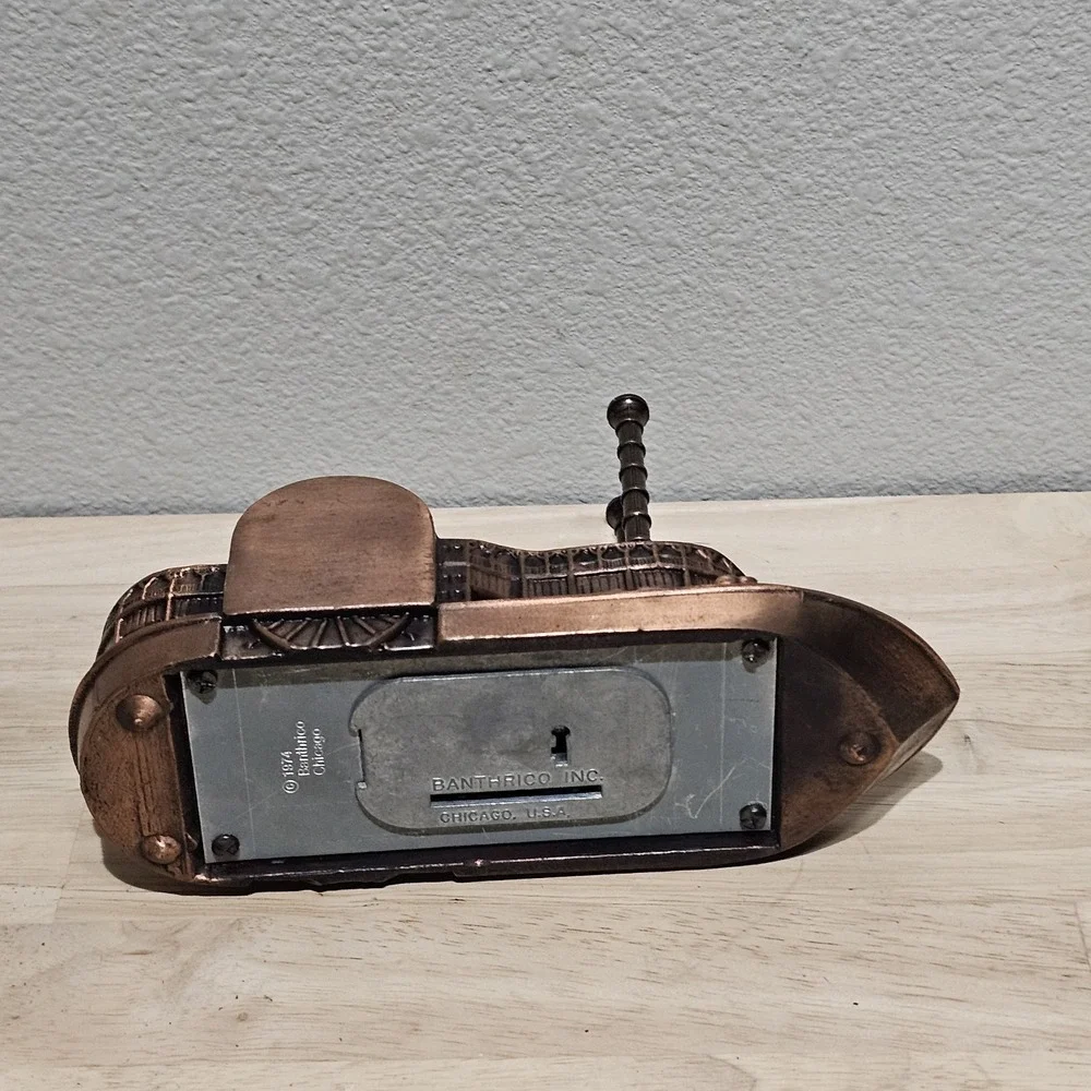 Vintage Banthrico Copper Tone Metal Steamboat Coin Bank